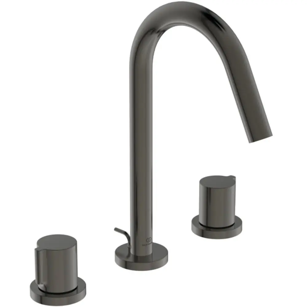 Waschtischarmatur von Ideal Standard mit drei Anschlüssen, einem geschwungenen Auslauf und zwei Bediengriffen in einem schlichten Design. Farbton in Magnetic Grey.